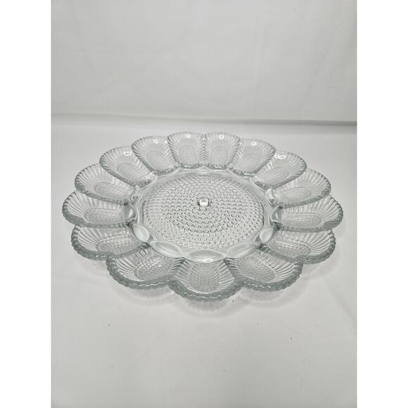 Vintage Deviled Egg Plate Platter Crystal Clear Glass Servingdish Tray 11" Round - Picture 2 of 5